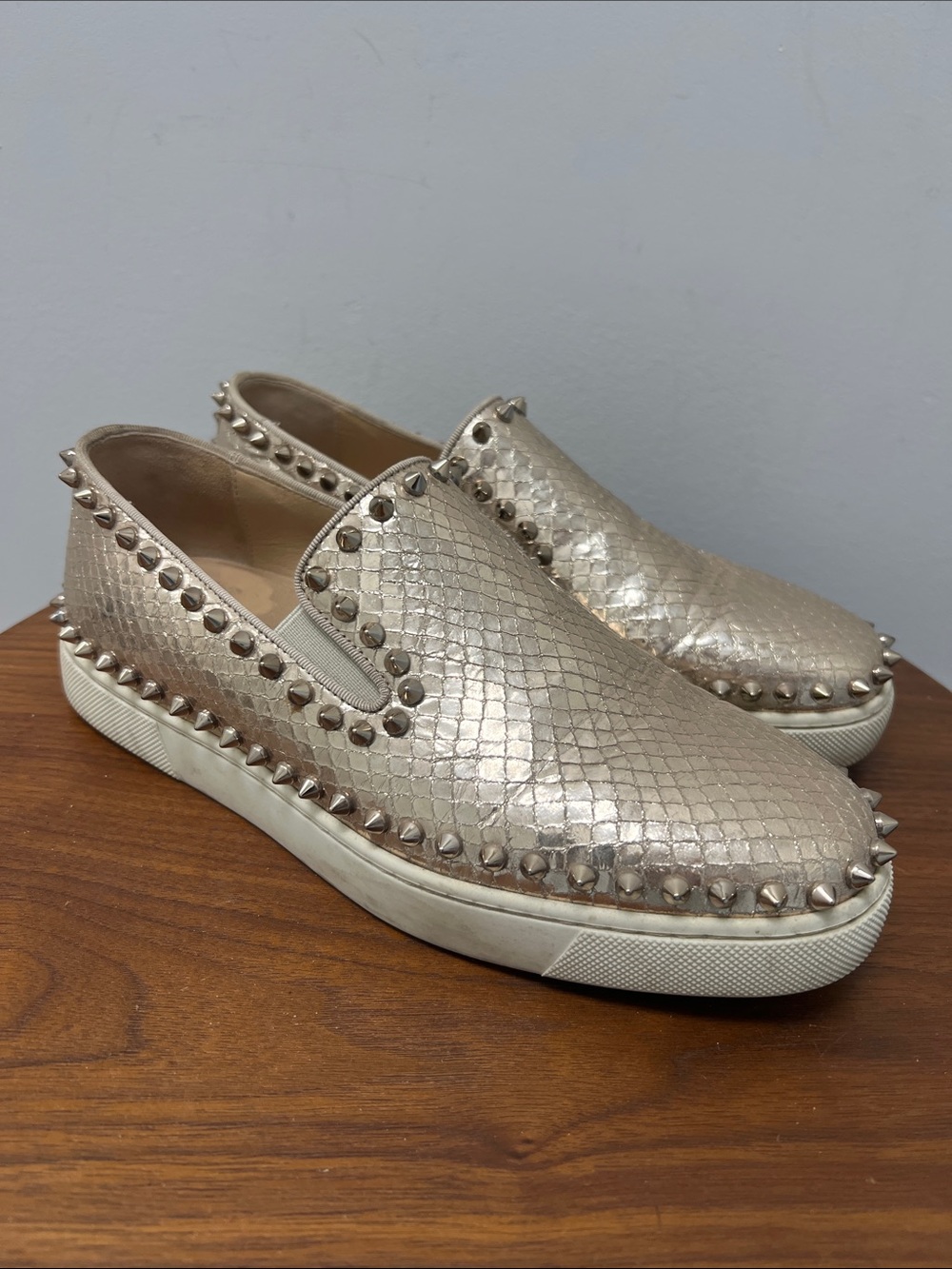 Christian Louboutin Gold Studded Snake-Print Slip-Ons